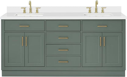 Isabella 72-inch Vintage Green Bathroom Vanity with Left & Right Rectangle Double Sinks, Carrara White Quartz Countertop & Backsplash, Solid Wood Frame, Soft-Closing & Dovetail Drawers