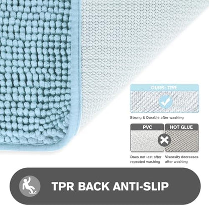 Light Blue Bathroom Rugs Sets 2 Piece – Absorbent and Washable Bath Mat, Non-Slip, Thick Soft Chenille Bath Rugs for Bathroom, Kitchen, Shower, Sink - 17" x 24"+20" x 32"