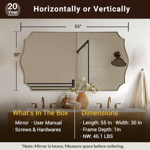 ANDY STAR 30"x55" Brushed Gold Scalloped Mirror for Bathroom Sink