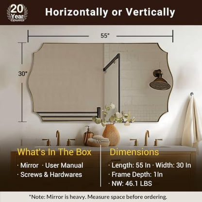 ANDY STAR 30"x55" Brushed Gold Scalloped Mirror for Bathroom Sink