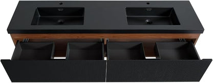 72 Inch Floating Bathroom Vanity with Double Sinks, Wall Mounted Striped Storage Cabinet, Soft Close Drawer, Black Quartz Sand Basin, Fully Assembled, Smoked Walnut Finish