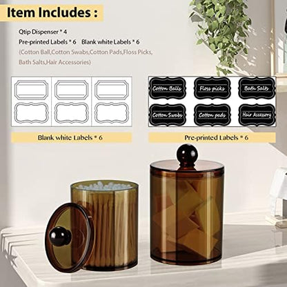 SheeChung 4 Pack Qtip Holder, Amber Acrylic Apothecary Jars for Bathroom