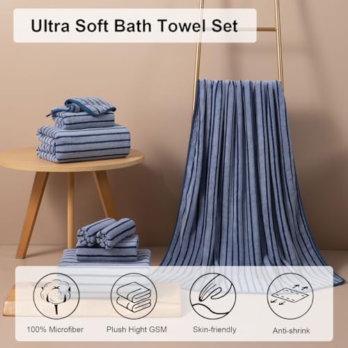 4 Piece Navy Cabana Stripe Large Bath Towels Oversized Bath Sheet Super Soft Breathable Jumbo Bathroom Towels Highly Absorbent Shower Towel Quick Dry Beach Chair Towel Spa Gym Hotel Towel Set