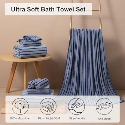 4 Piece Navy Cabana Stripe Large Bath Towels Oversized Bath Sheet Super Soft Breathable Jumbo Bathroom Towels Highly Absorbent Shower Towel Quick Dry Beach Chair Towel Spa Gym Hotel Towel Set