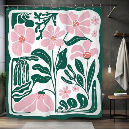 Abstract Flower Matisse Shower Curtain 60Wx72L Inch Pink Green Plant Minimalist Contemporary Retro Art Groovy Modern Bathroom Set Accessories Decor with 12 Pack Hooks
