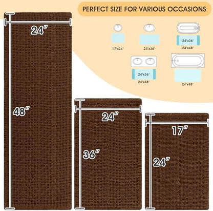 Waffle Bath Mat Set 3 Piece, Boho Woven Modern Bath Rug Absorbent Non Slip, Soft Bathroom Mats, Machine Washable Knit Bath Rugs with Herringbones for Bathroom, Bedroom, Kitchen, Shower, Tub, Brown