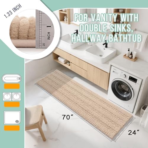 Yimobra Chenille Extra Long Bathroom Runner Rug 70 x 24, Ideal for Large and Master Bathrooms, Tub-to-Vanity Use and Long Walkways, Non-Slip Super Absorbent Quick Dry, Ultra Plush Bath Runner, Beige