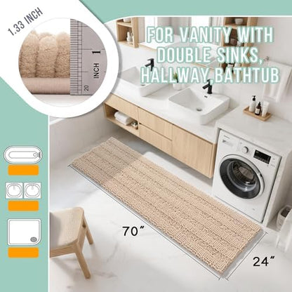 Yimobra Chenille Extra Long Bathroom Runner Rug 70 x 24, Ideal for Large and Master Bathrooms, Tub-to-Vanity Use and Long Walkways, Non-Slip Super Absorbent Quick Dry, Ultra Plush Bath Runner, Beige