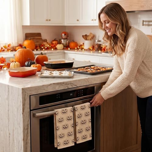 2 Pack Halloween Hand Towels 100% Cotton Jacquard ack-O'-Lantern Halloween Kitchen Towels White Bathroom Towels Set Seasonal Bathroom Decor(Beige ack-O'-Lantern)