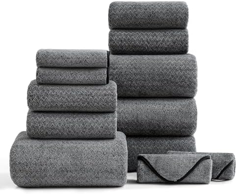Ultra Soft Bath Towel Set,12 Piece (4 Bath Towels,4 Hand Towels,4 Washcloths) Family Bathroom Towel Set with Hanging Loops,Quick Dry Extra Absorbent Fluffy Shower Towel for Bathroom,Hotel,Spa-Black