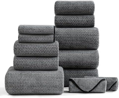 Ultra Soft Bath Towel Set,12 Piece (4 Bath Towels,4 Hand Towels,4 Washcloths) Family Bathroom Towel Set with Hanging Loops,Quick Dry Extra Absorbent Fluffy Shower Towel for Bathroom,Hotel,Spa-Black