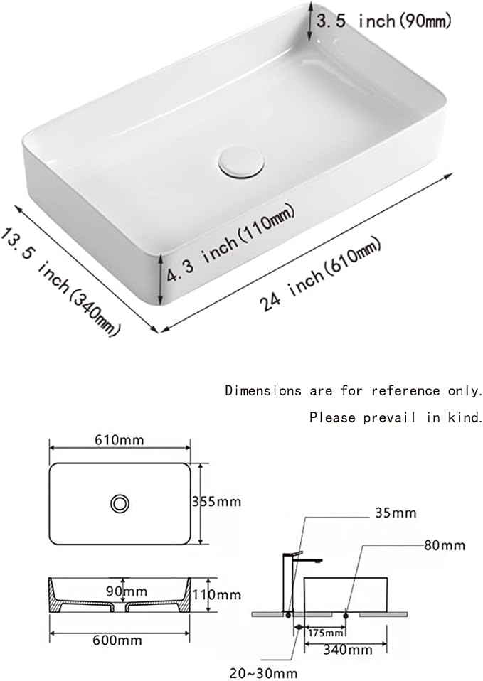 KINGWONG 24 Inch Rectangular Vessel Sink White Ceramic Above Counter Basin | Porcelain resists thermal shock & stains. Ultra-smooth glaze cleans in a wipe. Its 4.3" depth cuts water use and splash