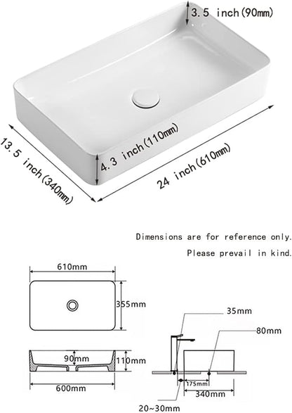 KINGWONG 24 Inch Rectangular Vessel Sink White Ceramic Above Counter Basin | Porcelain resists thermal shock & stains. Ultra-smooth glaze cleans in a wipe. Its 4.3" depth cuts water use and splash