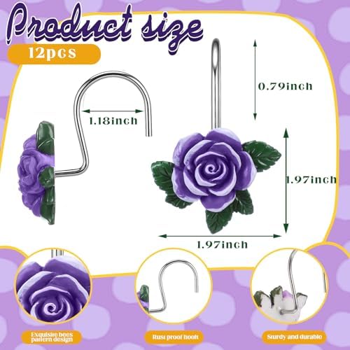 Amyhill 12 Pcs Purple Rose Shower Curtain Hooks Cute Purple Rose Decorative Curtain Rings Bulk Hanger Stainless Steel Resin Spring Flowers Themed Hooks for Bathroom Bedroom Living Room Home Decor