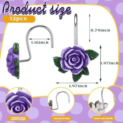 Amyhill 12 Pcs Purple Rose Shower Curtain Hooks Cute Purple Rose Decorative Curtain Rings Bulk Hanger Stainless Steel Resin Spring Flowers Themed Hooks for Bathroom Bedroom Living Room Home Decor