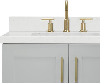 ARIEL Taylor 72-inch Bathroom Vanity with Sink,Solid Wood, 1.5-inch Carrara White Quartz Countertop & Backsplash, Double Rectangular Porcelain Sink, 4 Soft Closing Doors, 6 Dovetail Drawers, Grey