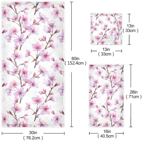 Naanle Romantic Pink Cherry Blossoms Soft Decor 3 Pcs Towels Set, 1 Bath Towel+1 Hand Towel+1 Washcloth, Multipurpose for Bathroom, Hotel, Gym, Spa and Beach