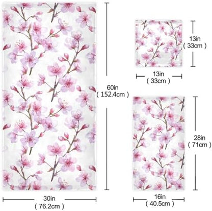 Naanle Romantic Pink Cherry Blossoms Soft Decor 3 Pcs Towels Set, 1 Bath Towel+1 Hand Towel+1 Washcloth, Multipurpose for Bathroom, Hotel, Gym, Spa and Beach