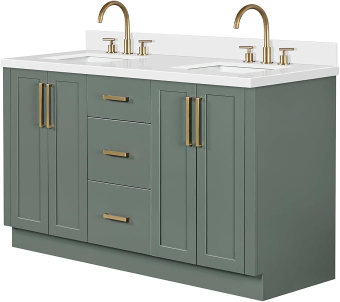 ARIEL Loren 60-inch Bathroom Vanity with Sink,Solid Wood, 1.5-inch Pure White Quartz Countertop, Double Rectangular Porcelain Sink, 4 Soft Closing Doors, 3 Dovetail Drawers, Black