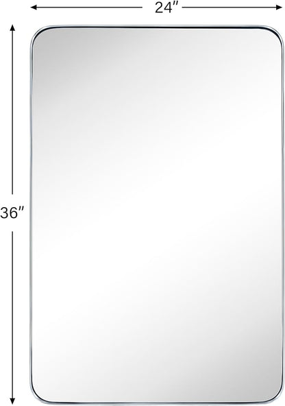 GRACTO 24 x 36'' Polished Nickel Rectangle Bathroom Vanity Mirror for Wall Polished Silver Metal Framed Rounded Rectangular Bathroom Vanity Mirrors, Vertical and Horizontal Hanging…