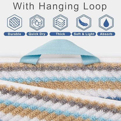 VOOVA & MOVAS Striped Towels 3 Pack, 100% Cotton, Blue Gray Beige