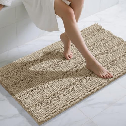 Yimobra Bathroom Rug Mat 47 x 24, Non Slip and Super Absorbent Bath Mat,Machine Washable Quick Dry,Ultra Plush Chenille Shower Rugs for Bathroom Floor Sink Tub and Shower Outside,Camel