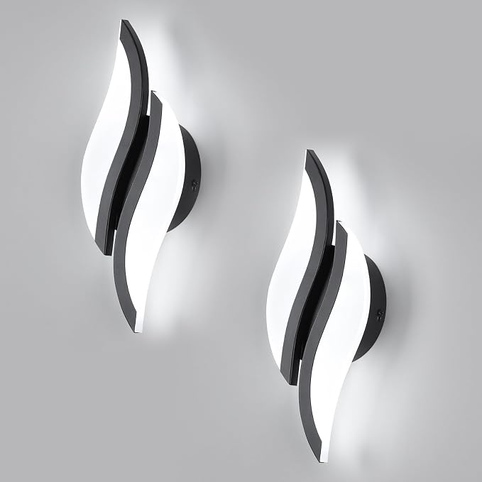 CANEOE 2 Packs Modern LED Wall Sconce 6000K Black Indoor Wall Light Fixtures Acrylic Wall Sconce Lighting for Living Room Bedroom Bedside Bathroom Hallway Stairway Wall Lamp (Black, 2 Packs, 6000K)