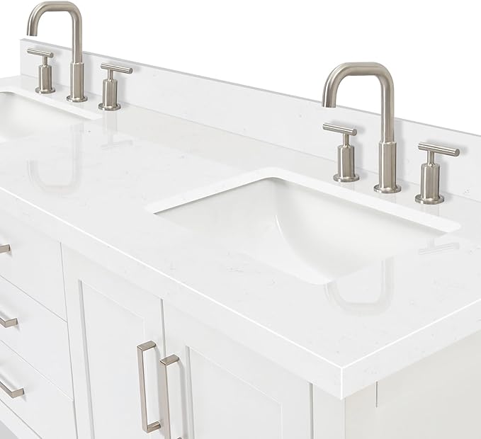 ARIEL Magnolia 72-inch Bathroom Vanity with Sink,Solid Wood, 1.5-inch Carrara White Quartz Countertop, Double Rectangular Porcelain Sink, 4 Soft Closing Doors, 3 Dovetail Drawers, White