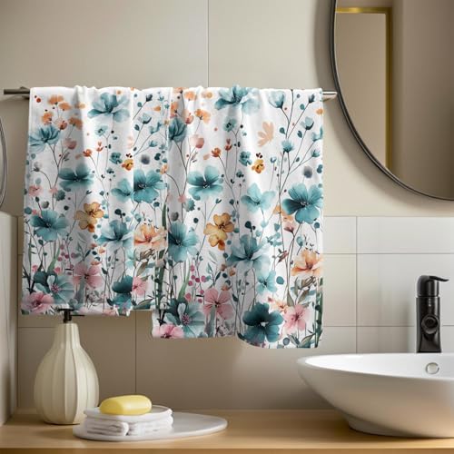Teal Green Yellow Floral Hand Towels 14x28 Inch 2Pcs Watercolor Nature Flowers Absorbent Soft Fingertip Tea Towel Dish Washcloth for Sports Gym Yoga Kitchen Bathroom Home Decor
