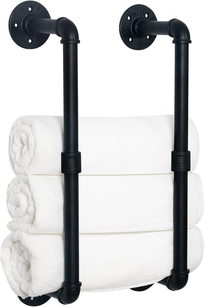 HouseAid Industrial Pipe Towel Rack, Farmhouse Bathroom Towel Storage Holder, Vintage Style Towel Organization, Wall Mounted, Matte Black