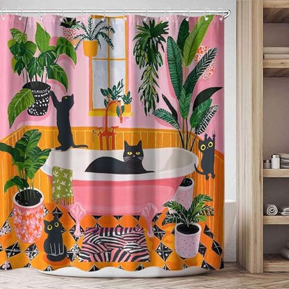 Funny Cat Shower Curtain Boho Cute Fun Black Cats Matisse Shower Curtains for Bathroom Kitten Green Tropical Plant Leaves Pink Orange Yellow Waterproof Fabric Bath Curtain Decor 72 X 84 Inches