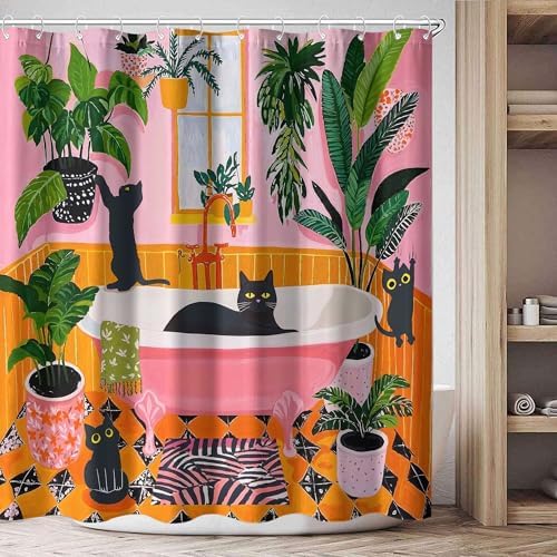 Funny Cat Shower Curtain Boho Cute Fun Black Cats Matisse Shower Curtains for Bathroom Kitten Green Tropical Plant Leaves Pink Orange Yellow Waterproof Fabric Bath Curtain Decor 72 X 78 Inches