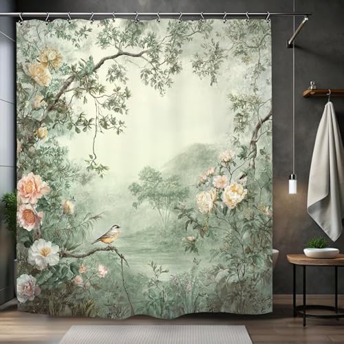 Vintage Flower Birds Shower Curtain 60Wx72L Inch Botanical Blossom Peony Cottagecore Green Leaves Scenery Bathroom Set Accessories Decor with 12 Pack Hooks
