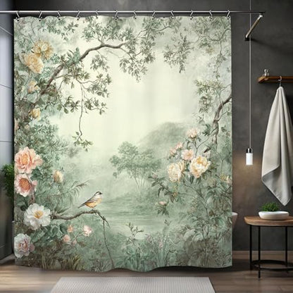 Vintage Flower Birds Shower Curtain 60Wx72L Inch Botanical Blossom Peony Cottagecore Green Leaves Scenery Bathroom Set Accessories Decor with 12 Pack Hooks