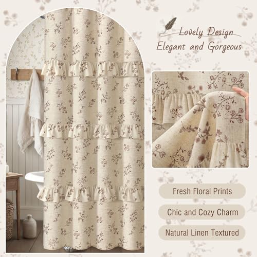 Brown Floral Farmhouse French Country Ruffle Linen Shower Curtain 72Wx72H