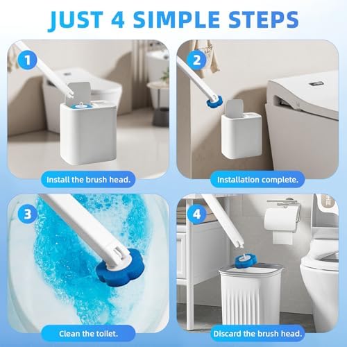 Disposable Toilet Brush with 48 Refills,Toilet Bowl Cleaner,Toilet Cleaning Supplies,Toilet Bowl Brush,Automatic lid-Opening and Closing Toilet Brush with Holder for Bathroom Deep Cleaning & Hygiene