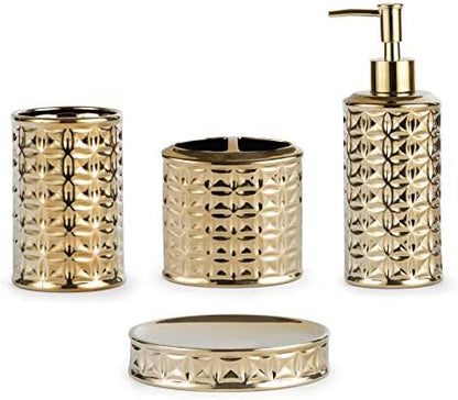 Gold Bathroom Accessory Set, 4-Piece Ceramic Bathroom Decorations Accessories Sets Includes Lotion Dispenser, Toothbrush Holder Tumbler and Soap Dish