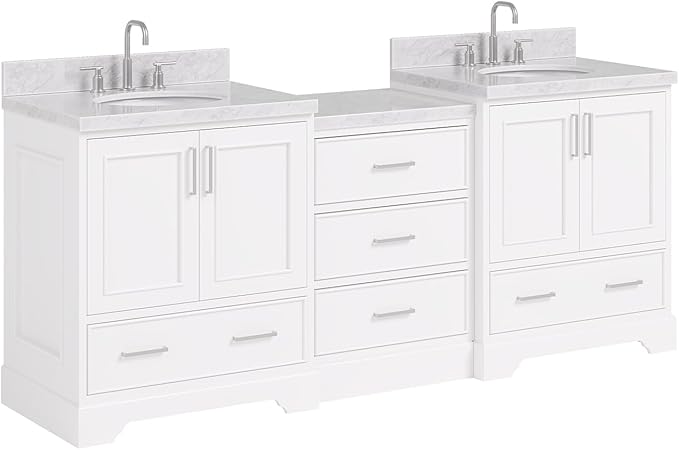 ARIEL Stafford 84-inch Bathroom Vanity with Sink,Solid Wood, 1.5in Italian Carrara Marble Countertop & Backsplash, Double Oval Porcelain Sink, 4 Soft Closing Doors, 5 Dovetail Drawers, White