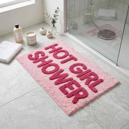Hot Girl Shower Pink Bath Mat, Cute Tufted Bathroom Rug 24''x16''