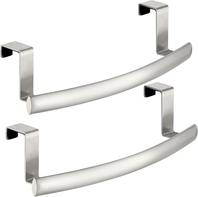 mDesign Steel Over Door Curved Towel Bar Storage, Hanger for Cabinet or Cupboard, Holder Rack for Kitchen, Bathroom - Holds Hand/Dish Towels, Washcloths - Spira Collection - 2 Pack - Brushed Chrome