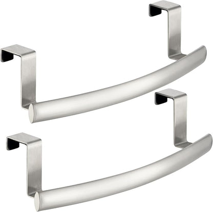 mDesign Steel Over Door Curved Towel Bar Storage, Hanger for Cabinet or Cupboard, Holder Rack for Kitchen, Bathroom - Holds Hand/Dish Towels, Washcloths - Spira Collection - 2 Pack - Brushed Chrome