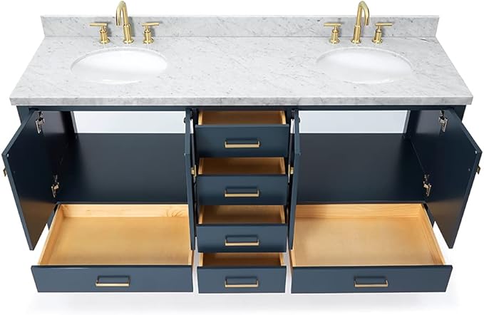 ARIEL Cambridge 72-inch Bathroom Vanity with Sink,Solid Wood, 1.5-inch Italian Carrara Marble Countertop, Double Oval Porcelain Sink, 4 Soft Closing Doors, 6 Dovetail Drawers, Midnight Blue