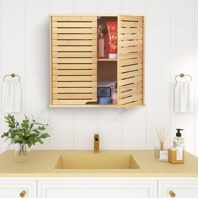 HYNAWIN Bathroom Wall Mounted Bamboo Storage Cabinet with Double Doors, 2-Tier Adjustable Shelf, Over Toilet Organizer for Bathroom, Kitchen, Entryway
