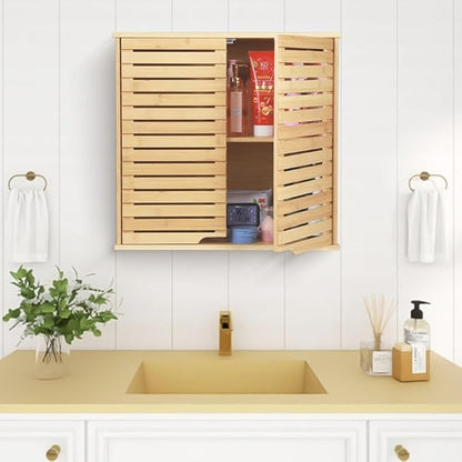 HYNAWIN Bathroom Wall Mounted Bamboo Storage Cabinet with Double Doors, 2-Tier Adjustable Shelf, Over Toilet Organizer for Bathroom, Kitchen, Entryway