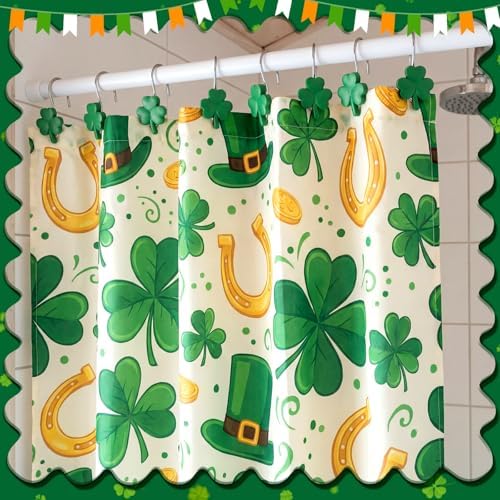 Thyle 12 Pcs St Patrick's Day Shamrock Shower Curtain Hooks, Green Shamrock Resin Ornament Rings Clover Shower Curtain Hooks Irish Decorative for Bathroom Bedroom Accessories