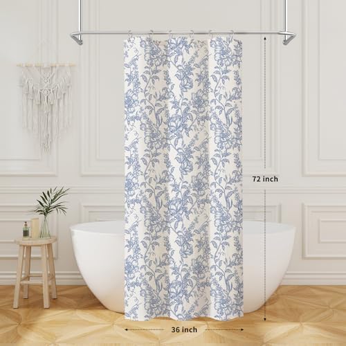 Blue Boho Linen Fabric Shower Curtain , Farmhouse Floral For Bathroom