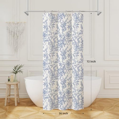 Blue Boho Linen Fabric Shower Curtain , Farmhouse Floral For Bathroom