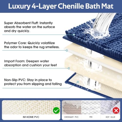 Striped Denim Blue Bathroom Rug Set 3 Pieces Ultra Soft, Non Slip Chenille Bath Carpet, Absorbent Plush Shaggy Bath Mats for Bathroom, Toilet, Bedroom, Kitchen