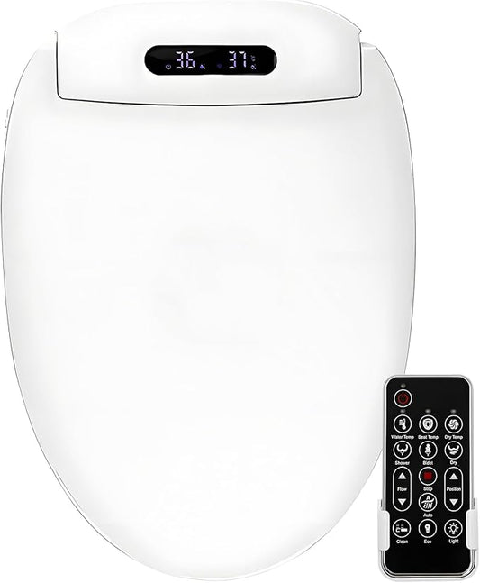 Electric Bidet Toilet Seat Elongated, Slow Close Seat, Warm Air Dryer, Remote Control, LED Light, Smart Heated Bidet Seat, Temp Adjustable Toilet Lid