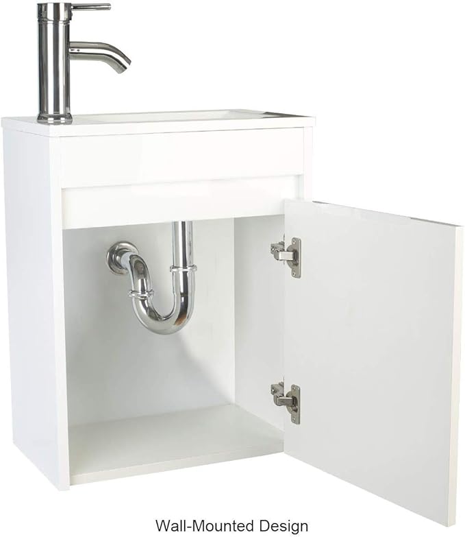 UEV Small Bathroom Vanity Wall Mounted, White, 16*9.8*20.3 in (L*W*H), Modern Style with Ceramic Sink and Chrome Faucet